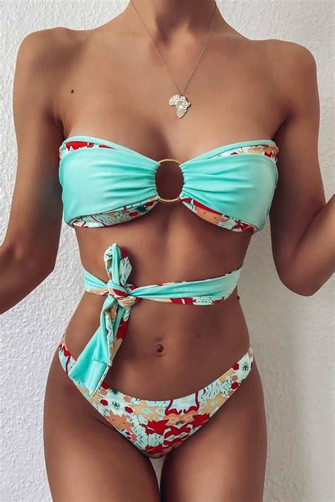 Light Blue Floral Print O Ring Bandeau Sexy Bikini