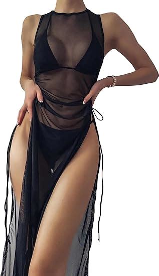 Verdusa Women S Swimsuit Mesh Cover Up High Split Drawstring Bikini Long Dress At Amazon Womens