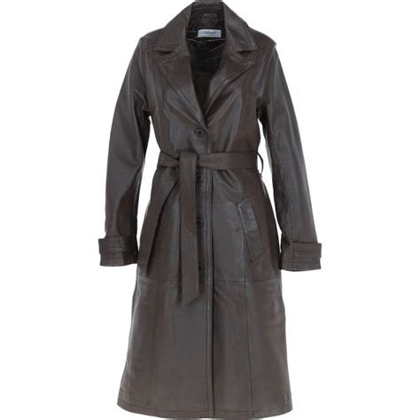 Elegant Longline Women S Leather Trench Coat With Waist Tie Black Awl