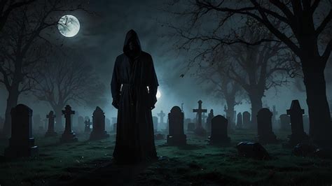 Grim Reaper Silhouette In A Foggy Cemetery At Midnight Under The