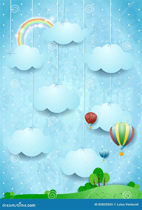 Surreal Landscape With Hot Air Balloons And Hanging Clouds Stock Vector Illustration Of Bush