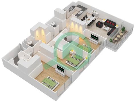 Floor Plans For Type 1A 3 Bedroom Apartments In Acacia Bayut Dubai