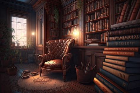 Premium Ai Image Brown Leather Chair Surrounded By Bookshelves In