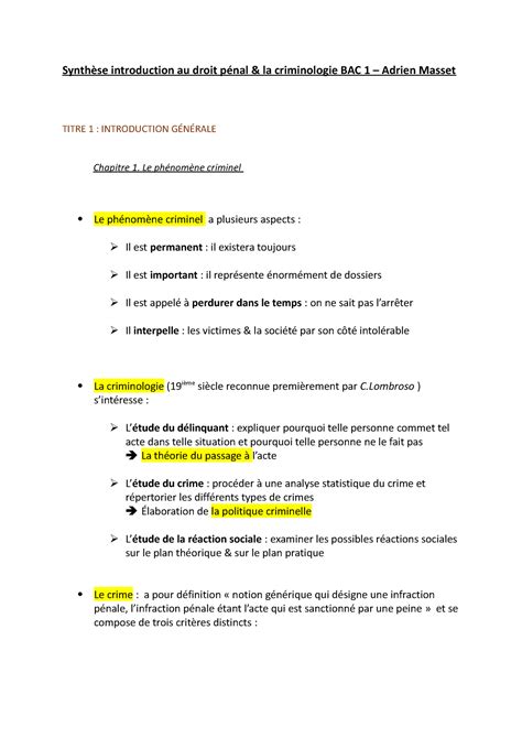 Synthèse droit pénal 0 criminologie BAC 1 Introduction au droit pénal