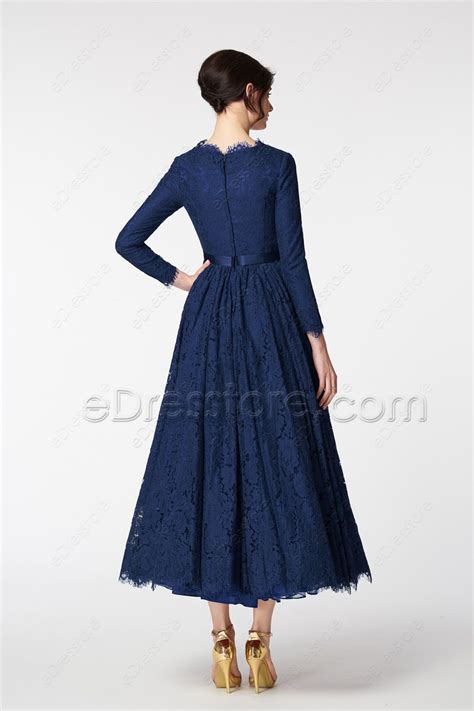 Vintage Modest Mother Of The Bride Dress Long Sleeves Navy Blue Plus