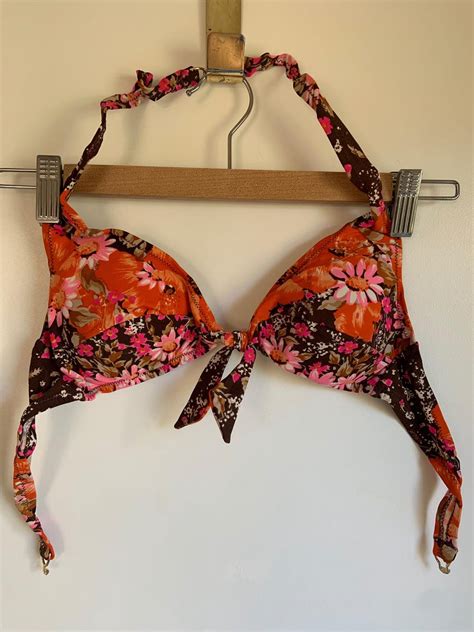 Vintage Piece Swimsuit Bikini XS S S Orange Pink Floral Design Top And Bottom