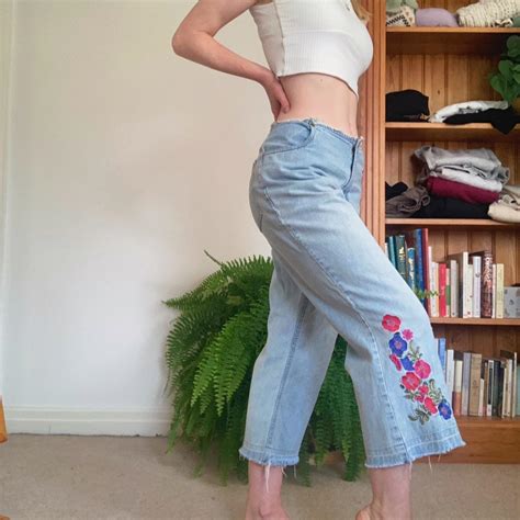 Vintage Flower Embroidered Jeans In Light Blue Raw Depop