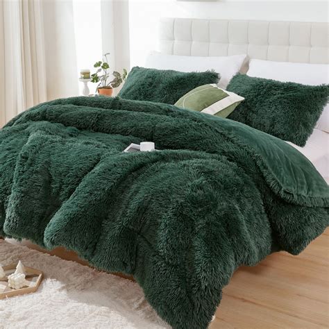 Smoofy Faux Fur Emerald Green Comforter Set Queen Size 3pcs Fluffy Fuzzy Plush Comforter Set