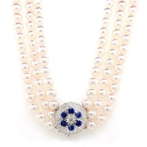 Pearl Three Row Necklace With Diamond And Sapphire Cluster Clasp