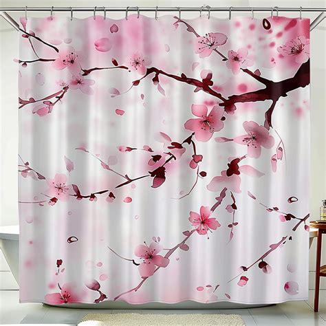 Japanese Cherry Blossom Shower Curtain Pink Floral Watercolor Design