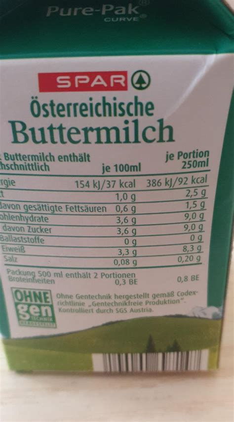 Sterreichische Butter Milch Spar Kalorie Kj A Nutri N Hodnoty