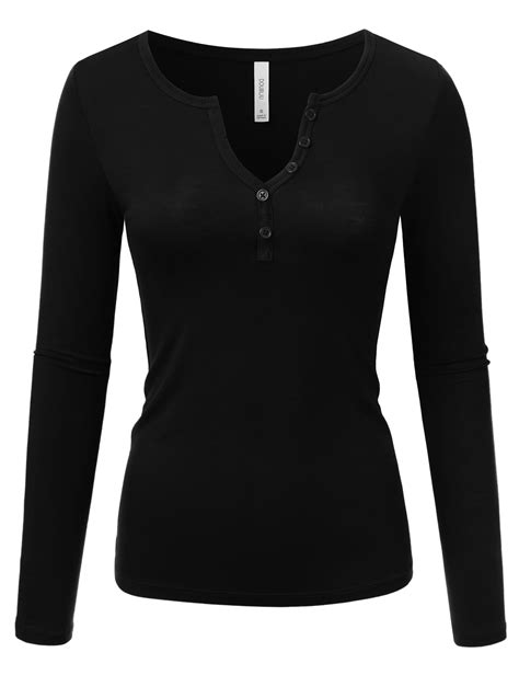 Doublju Women S Long Sleeve Basic Henley Deep V Neck Button Placket T