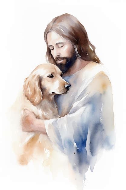 Una pintura de acuarela de jesús abrazando a un perro Foto Premium