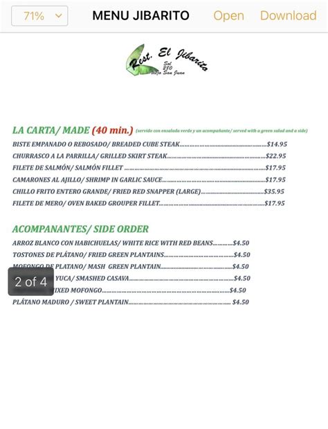 Menu El Jibarito