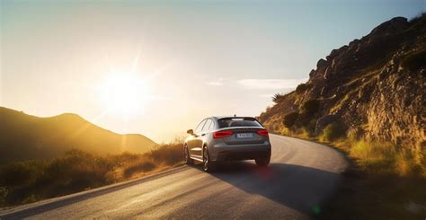 Um carro prateado está dirigindo por uma estrada rural o sol se