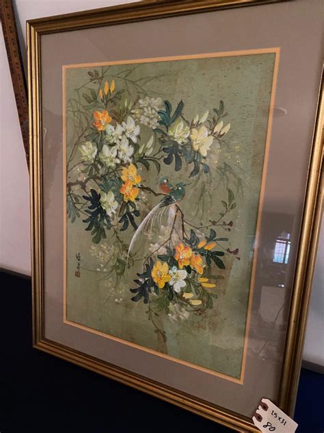 Chan Birds And Flowers Original Oil On Cork Paper Framed EstateSales Org