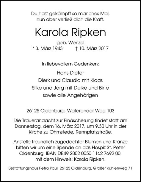 Traueranzeigen Von Karola Ripken Nordwest Trauer De