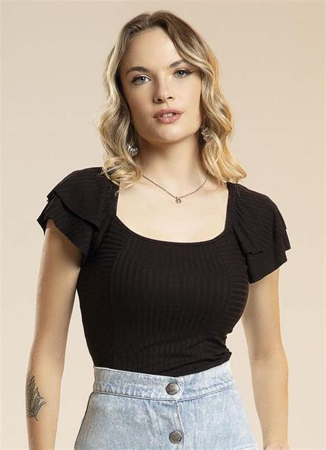 Blusa Feminina Justa Canelada Babados Preto Habana