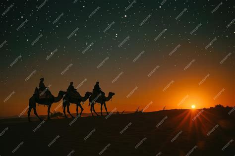 Silhouette Of The Three Wise Men On Camels Following The Star Of