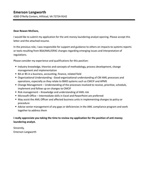 Anti Money Laundering Analyst Cover Letter Velvet Jobs