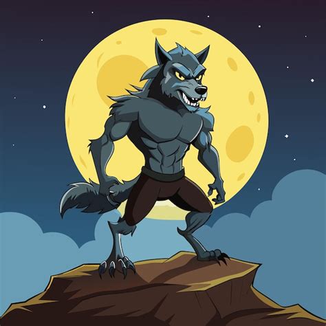 Una Caricatura De Un Lobo En Una Roca Con La Luna En El Fondo Vector