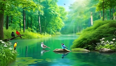 Premium AI Image | Beautiful birds sitting in water around a green scenery