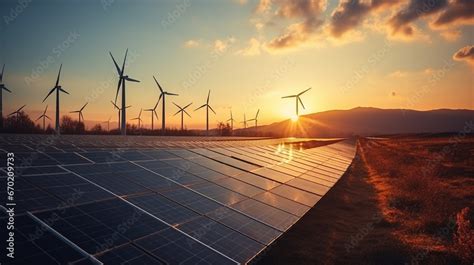 Solar Panels And Wind Turbines Symbolizing Renewable Energy Sources As