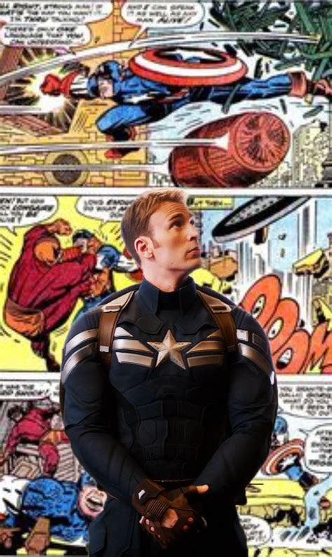 Captain America Is Standing In Front Of Comic Panels