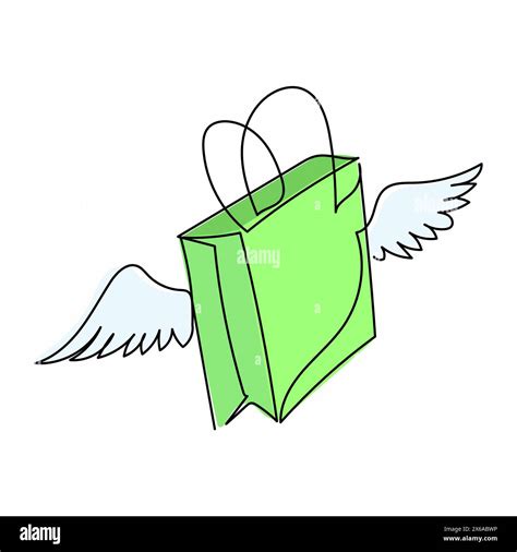 Continuous One Line Drawing Flying Shopping Paper Bag With Wings