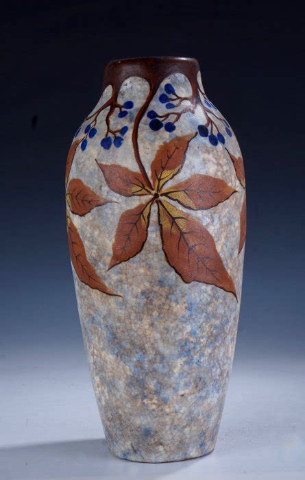 Louis Dage Art Deco Vase With Stylistic Polychrome Floral Decor