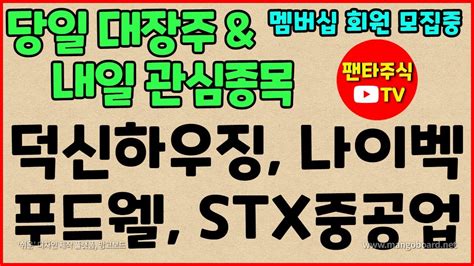 주식 대장주and 내일 관심종목덕신하우징나이벡푸드웰씨젠아이진펄어비스범양건영솔고바이오한전산업까뮤이앤씨오픈베이스