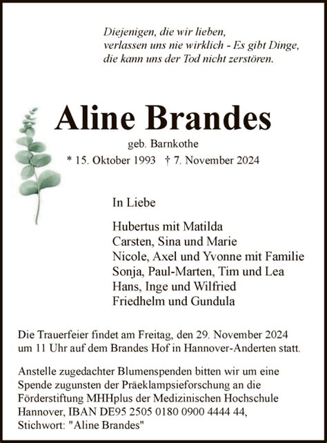 Traueranzeigen Von Aline Brandes Trauer HNA De