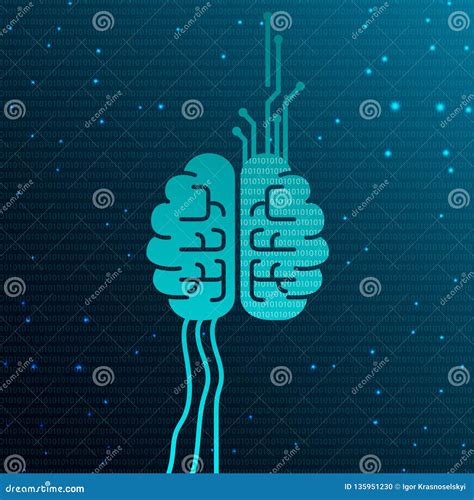 Cyber Mind Illustration Human Brain With Circuit Board And Binary Data