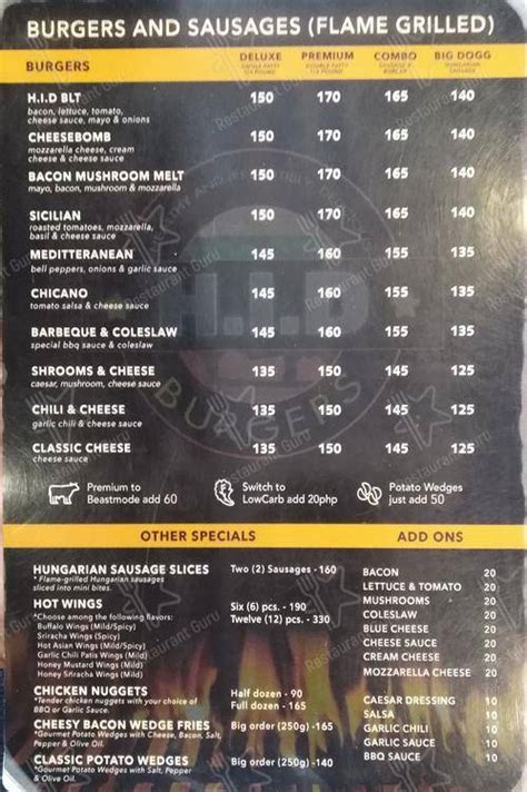 Menu At H I D Burgers Restaurant Quezon City Lot 6 Blk 168 Regalado