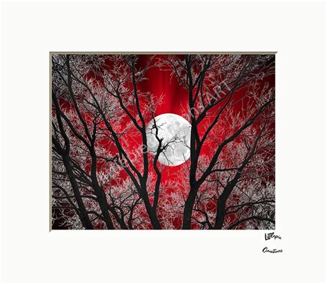 Red Black Contemporary Tree Moon Red Bedroom Home Decor Matted Etsy