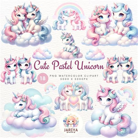 Cute Pastel Colored Unicorn Clipart Bundle Valentine Etsy