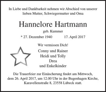 Traueranzeigen Von Hannelore Hartmann Trauer Anzeigen De