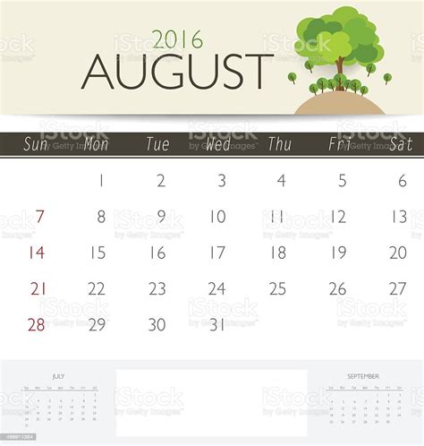 2016 Calendar Monthly Calendar Template For August Stock Illustration