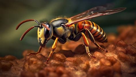 Pequeña Abeja Amarilla Que Pica En Una Peligrosa Colonia De Avispones