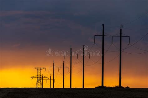 Rural Landscape With High Voltage Line On Sunset Stock Image Image Of