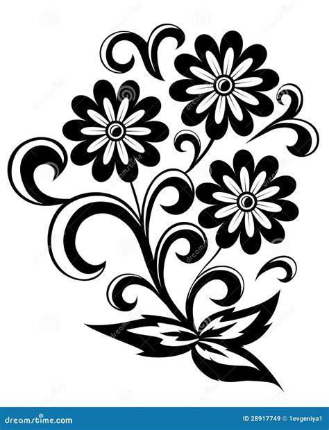 Black And White Abstract Flower With Leaves And Swirls Isolated On ...