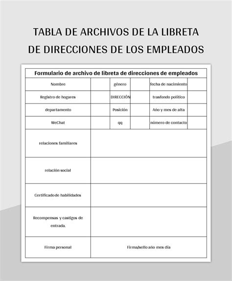 Plantilla De Excel Tabla De Archivos De La Libreta De Direcciones De