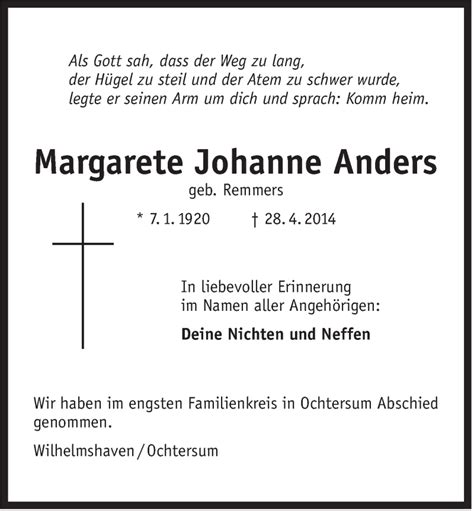 Traueranzeigen Von Margarete Johanne Anders Nordwest Trauer De