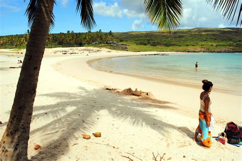 Anakena - tropical Easter Island beach with palm trees and moai statues