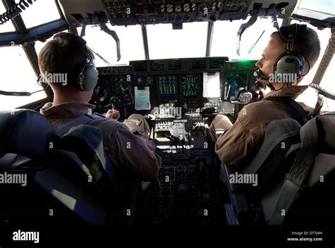 Cockpit view US Marine Corps aviators flying KC-130J Super Hercules ...