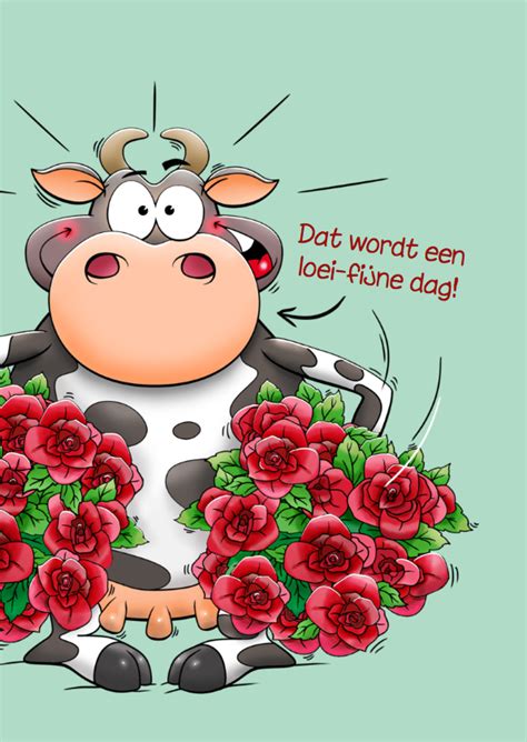 Grappige Verjaardagskaart Met Verbaasde Koe En Rode Rozen