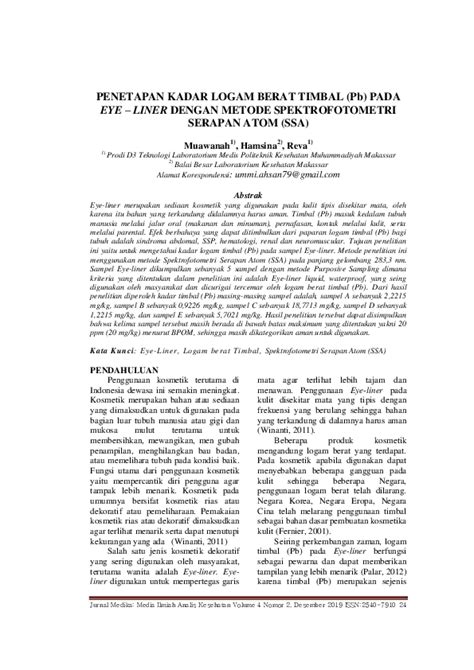 Pdf Penetapan Kadar Logam Berat Timbal Pb Pada Eye Liner Dengan