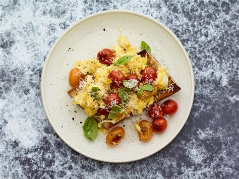 Soft Scrambled Egg Sandwich With Blistered Tomatoes And Parmesan Self