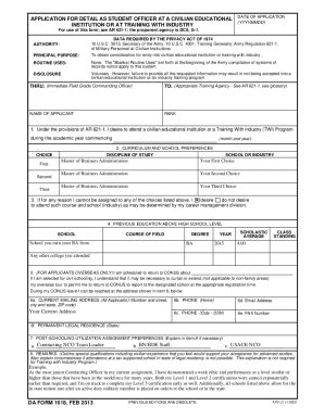 Fillable Online Asc Army APPLICATION FOR DETAIL AS STUDENT OFFICER AT A