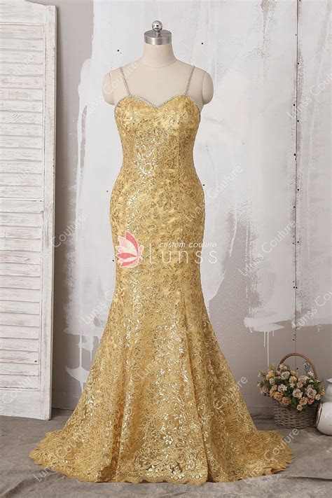 Gold Flower Sequin Mermaid Shiny Straps Prom Dress Dresses Fancy Dresses Mermaid Formal Gowns